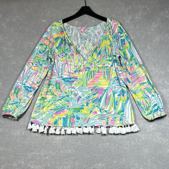 Lilly Pulitzer Top Womens Size M Linzy Tassel Sea Salt And Sun Colorful Knit - Picture 1 of 12